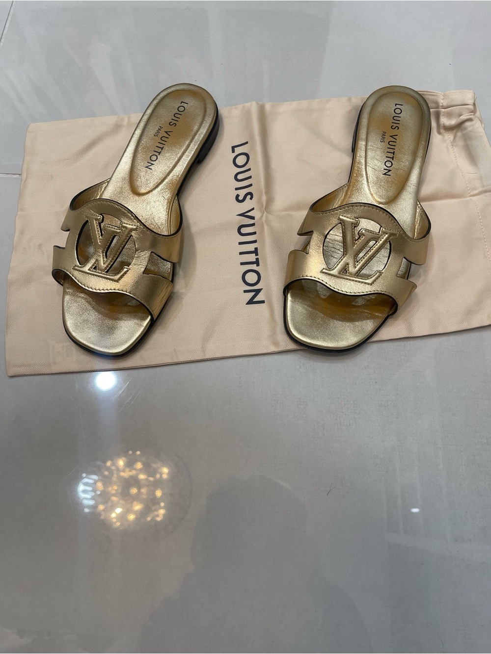 Louis Vuitton Metallic Gold LV Logo Slide Mules Size 38
